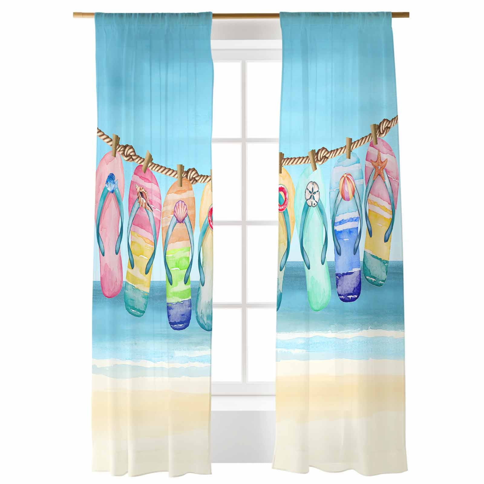Sheer Curtains 96 inches Long, Summer Beach Slippers Hanging on A Rope ...