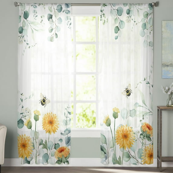 Sheer Curtains 96 inches Long, Summer Plants Floral Yellow Dandelion Flowers Bee Leaves Light Filtering Sheer Window Curtains Rod Pocket Voile Drapes for Bedroom Living Room, 52"W x 96"L 2 Panels