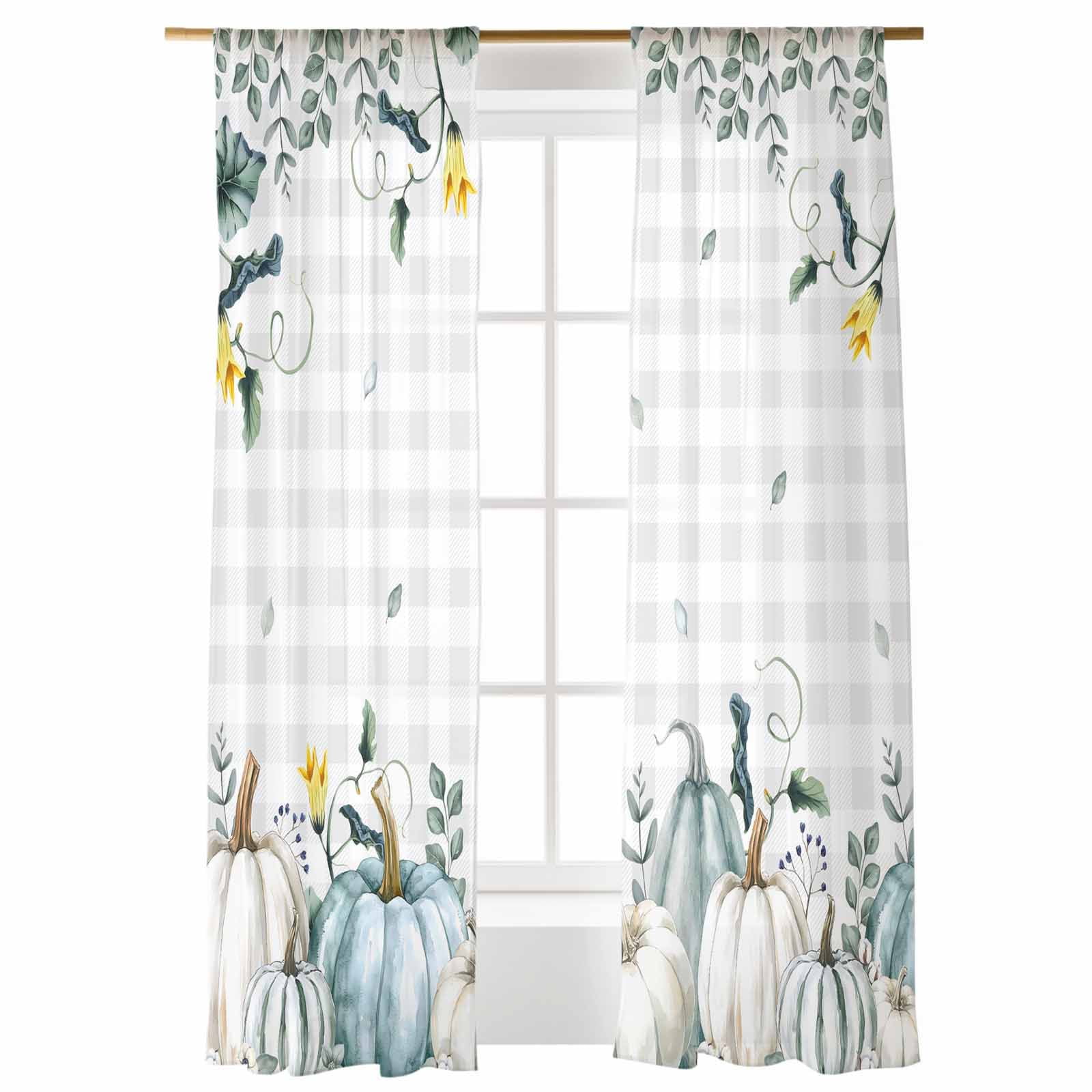 Sheer Curtains 96 inches Long, White Blue Fall Pumpkin Autumn Leaves