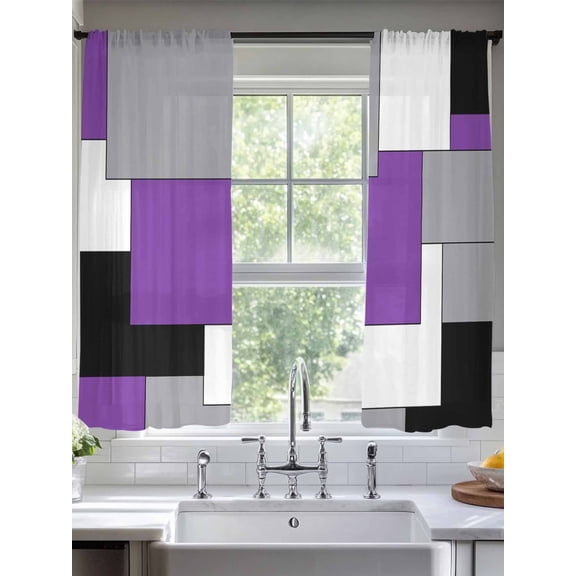 Sheer Curtains Abstract Geometric 2 Panels Voile Window Drapes Mid Century Purple Nordic Light Filtering Window Treatments Semi Sheer Curtain Panels for Living Room Bedroom Bathroom 52x63 inches