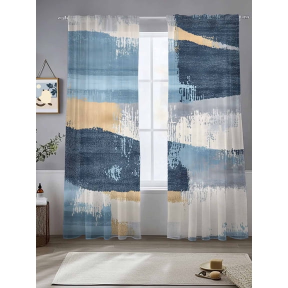 Sheer Curtains Abstract Paint Graffiti Art Lattice 2 Panels Voile Window Drapes White Blue Light Filtering Window Treatments Semi Sheer Curtain Panels for Living Room Bedroom Bathroom 52x84 inches