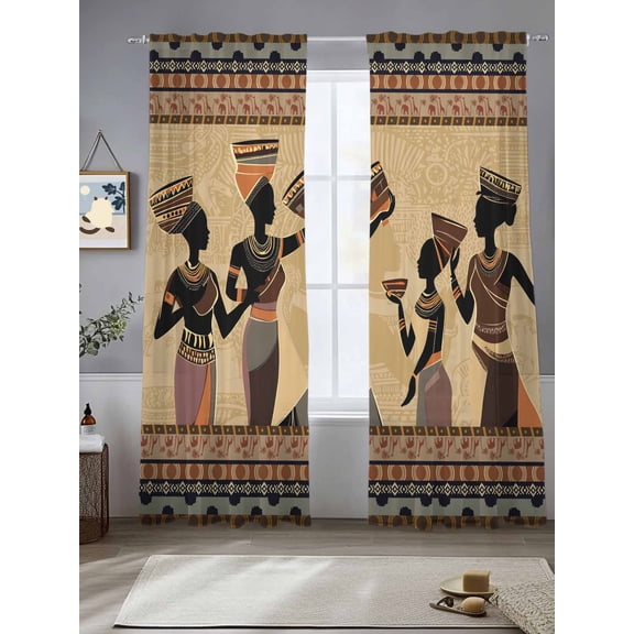 Sheer Curtains African Women 2 Panels Voile Window Drapes Black Boho Ethnic Style Light Filtering Window Treatments Semi Sheer Curtain Panels for Living Room Bedroom Bathroom 52x84 inches