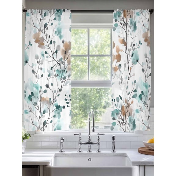 Sheer Curtains Aqua Brown Leaves 2 Panels Voile Window Drapes Abstract Art Light Filtering Window Treatments Semi Sheer Curtain Panels for Living Room Bedroom Bathroom 52x63 inches