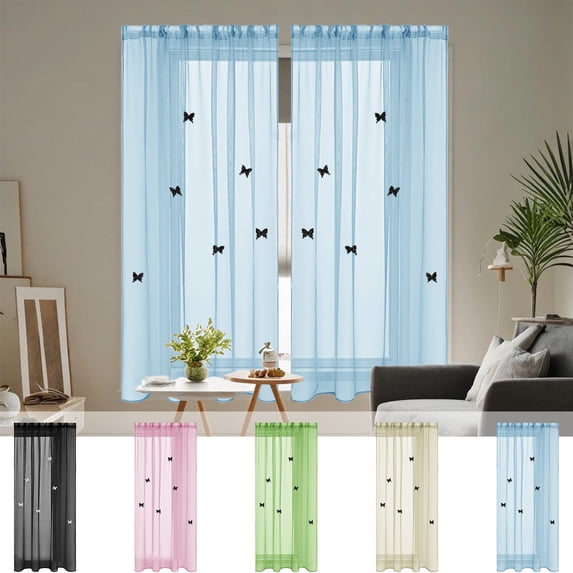 Sheer Curtains for Bedroom 39 Inch Solid Color Light Filtering Curtains with Double Layered Stereoscopic Butterfly Brooch Vintage Window Treatment for Living Room Home Decor Party Blue by PALIFEUR