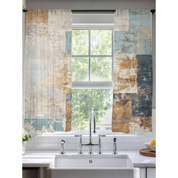 Sheer Curtains Beige Brown Blue Painting 2 Panels Voile Window Drapes Retro Abstract Art Light Filtering Window Treatments Semi Sheer Curtain Panels for Living Room Bedroom Bathroom 52x63 inches