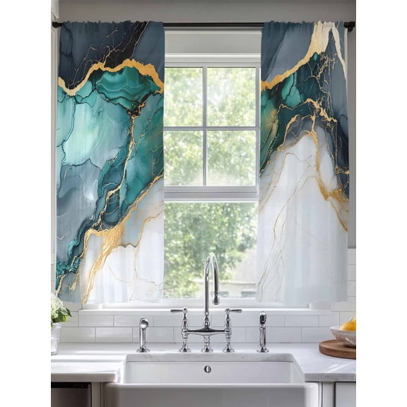 Sheer Curtains Black Teal Abstract Marble 2 Panels Voile Window Drapes Modern Art Light Filtering Window Treatments Semi Sheer Curtain Panels for Living Room Bedroom Bathroom 52x63 inches