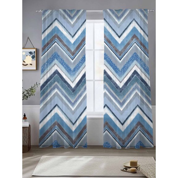 Sheer Curtains Blue Chevron 2 Panels Voile Window Drapes Geometric Design Stripe Blue Gray Light Filtering Window Treatments Semi Sheer Curtain Panels for Living Room Bedroom Bathroom 52x84 inches