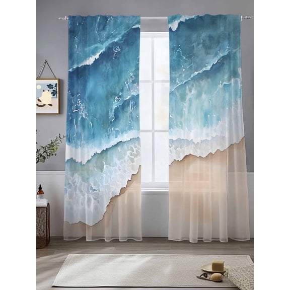 Sheer Curtains Blue Ocean Wave 2 Panels Voile Window Drapes Beach Light Filtering Window Treatments Semi Sheer Curtain Panels for Living Room Bedroom Bathroom 52x84 inches