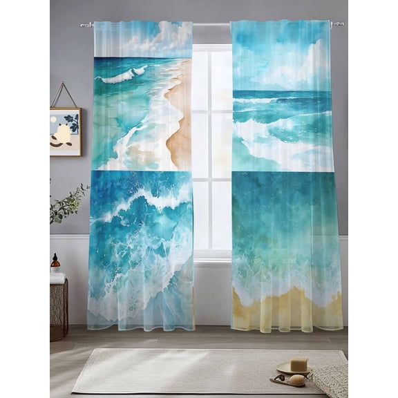 Sheer Curtains Blue Ocean Wave Sky 2 Panels Voile Window Drapes Abstract Splicing Light Filtering Window Treatments Semi Sheer Curtain Panels for Living Room Bedroom Bathroom 52x84 inches