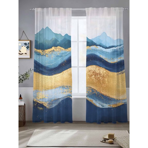 Sheer Curtains Blue Ocean Waves 2 Panels Voile Window Drapes Golden Modern Abstract Light Filtering Window Treatments Semi Sheer Curtain Panels for Living Room Bedroom Bathroom 52x84 inches