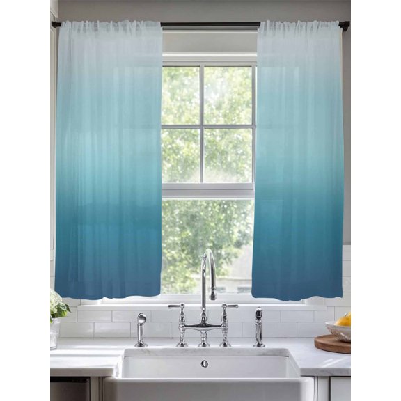 Sheer Curtains Blue Ombre 2 Panels Voile Window Drapes Gradient Gradual Color Light Filtering Window Treatments Semi Sheer Curtain Panels for Living Room Bedroom Bathroom 52x63 inches
