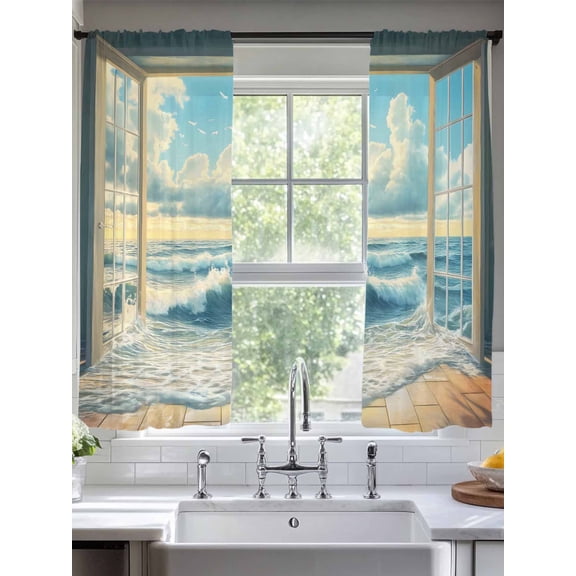 Sheer Curtains Blue Sky Clould 2 Panels Voile Window Drapes Beach Wave Light Filtering Window Treatments Semi Sheer Curtain Panels for Living Room Bedroom Bathroom 52x63 inches