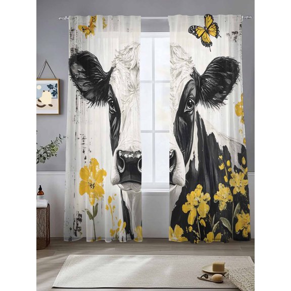 Sheer Curtains Cow 2 Panels Voile Window Drapes Farm Animal Spring Floral Light Filtering Window Treatments Semi Sheer Curtain Panels for Living Room Bedroom Bathroom 52x84 inches