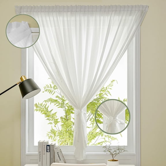 Sheer Curtains No Drill Light Filtering Privacy Curtain with Tiebacks Self Adhesive Pleated Blinds Pattern Gauze Curtains for Living Room Kitchen Window French Door (1, White, WxH 39 x 59 inches)
