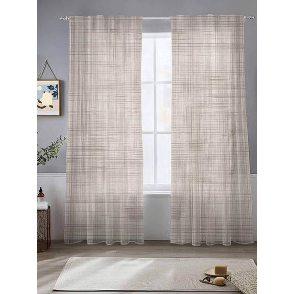 Sheer Curtains Farm Retro Textile Plaid Texture 2 Panels Voile Window Drapes Farmhouse Style Light Filtering Window Treatments Semi Sheer Curtain Panels for Living Room Bedroom Bathroom 52x84 inches
