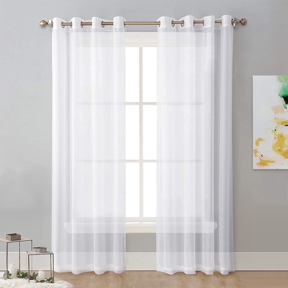 Sheer Curtains Faux Linen Semi Voile Light Filtering Drapes Pair for Bedroom Living Room, Set of 2 Grommet Top Window Curtain Panels (Each 54x108 Inch, White)