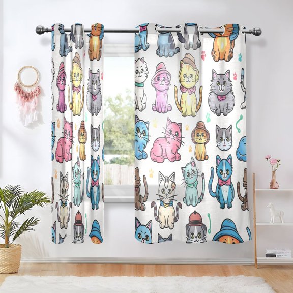Sheer Curtains Grommet Drapes Window Treatments Light Filtering for Bedroom Living Room 2 Panels 42" x 63" Cartoon Cats with Hat