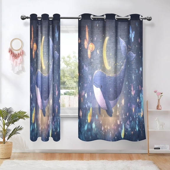 Sheer Curtains Grommet Drapes Window Treatments Light Filtering for Bedroom Living Room 2 Panels 42" x 63" Cute Whale Floating in Nigh
