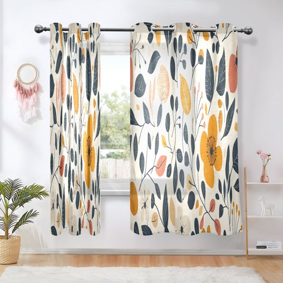 Sheer Curtains Grommet Drapes Window Treatments Light Filtering for Bedroom Living Room 2 Panels 42" x 63" Hand Drawn Flower Leaf