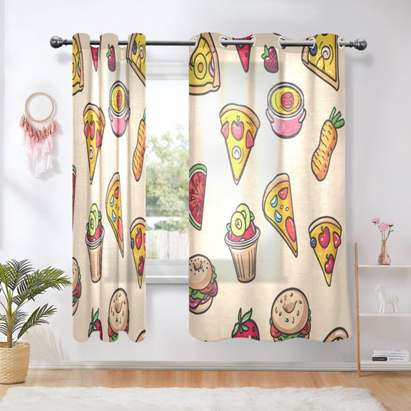 Sheer Curtains Grommet Drapes Window Treatments Light Filtering for Bedroom Living Room 2 Panels 42" x 63" Pizza Burger Strawberry Watermelon