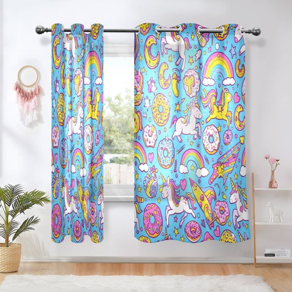 Sheer Curtains Grommet Drapes Window Treatments Light Filtering for Bedroom Living Room 2 Panels 42" x 63" Unicorns Donuts Rainbow