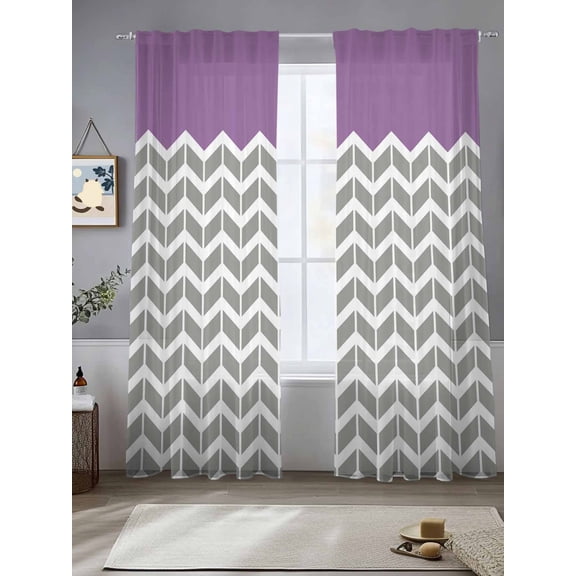 Sheer Curtains Herringbone Pattern 2 Panels Voile Window Drapes Vintage Turquoise Purple Grey Light Filtering Window Treatments Semi Sheer Curtain Panels for Living Room Bedroom Bathroom 52x84 inches