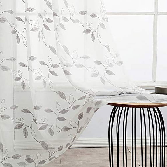 Sheer Curtains, Leaf Embroidery Sheer Window Curtains Faux Linen Textured Solid Grommet Voile Curtains for Living Room Bedroom, 52 x 54"Inch, Gray Embroidered,2 Panels