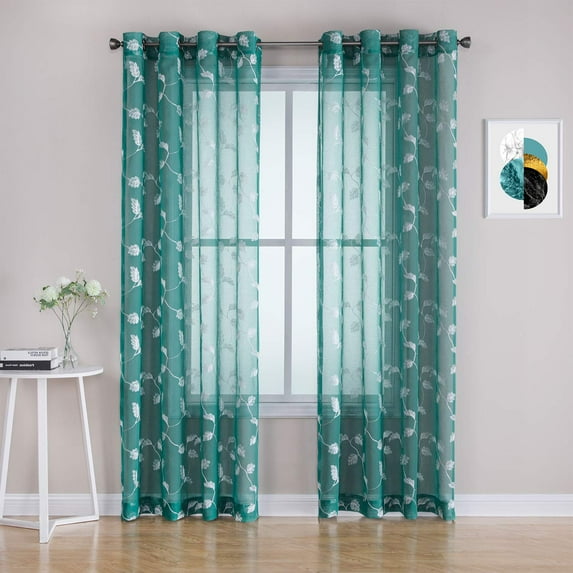 Sheer Curtains, Leaf Embroidery Teal Sheer Window Curtains Faux Linen Textured Solid Grommet Quatrefoil Floral Farmhouse Voile Curtains for Living Room Bedroom, 52 x 63 Inch, 2 Panels