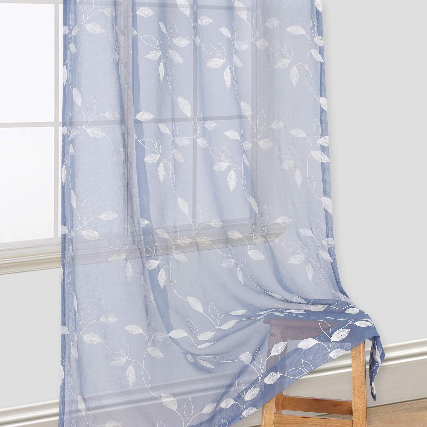 Sheer Curtains, Leaf Embroidery Sheer Window Curtains Faux Linen