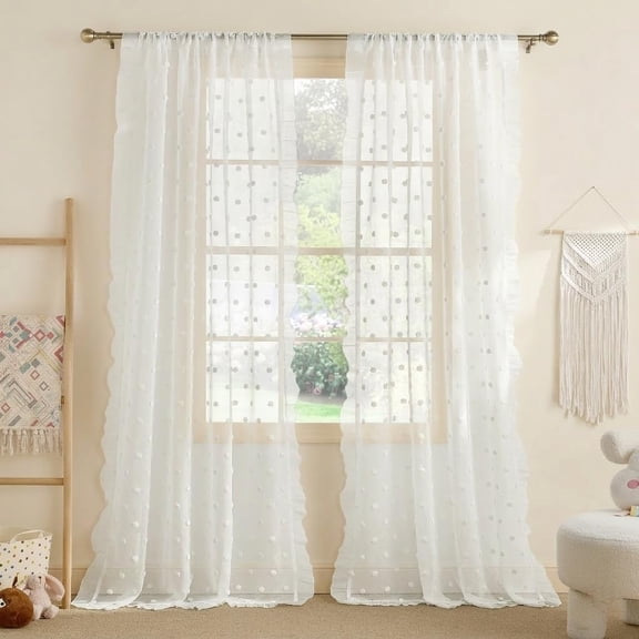 Sheer Curtains for Living Room 84 Inches Long, Pom Pom Curtains for Bedroom, Boho Textured Semi Privacy Window Drapes for Nursery, Cute Ruffle Style, White, 2 Panels