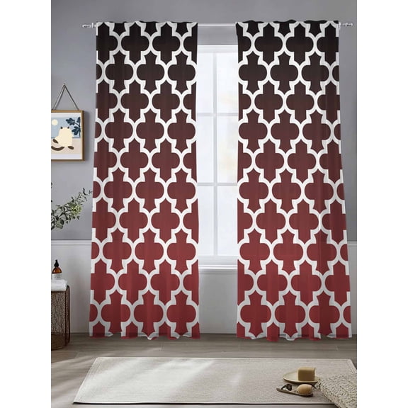 Sheer Curtains Moroccan Geometric 2 Panels Voile Window Drapes Red Black Light Filtering Window Treatments Semi Sheer Curtain Panels for Living Room Bedroom Bathroom 52x84 inches