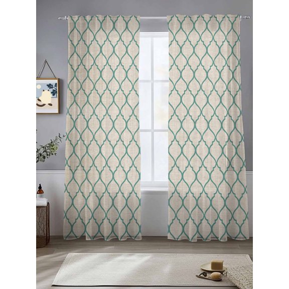 Sheer Curtains Moroccan Pattern 2 Panels Voile Window Drapes Rustic Vintage Teal Turquoise Light Filtering Window Treatments Semi Sheer Curtain Panels for Living Room Bedroom Bathroom 52x84 inches