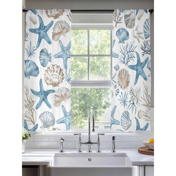 Sheer Curtains Nautical Shells Coral 2 Panels Voile Window Drapes Blue Ocean Light Filtering Window Treatments Semi Sheer Curtain Panels for Living Room Bedroom Bathroom 52x63 inches