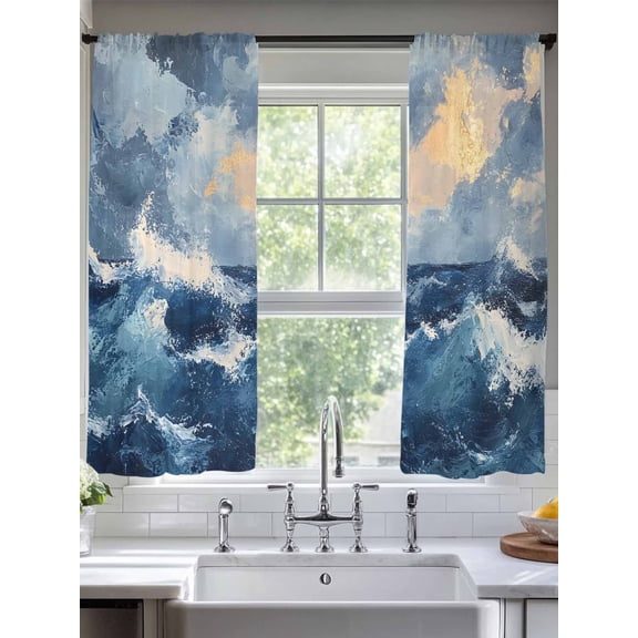 Sheer Curtains Navy Blue Ocean Wave 2 Panels Voile Window Drapes Abstract Art Light Filtering Window Treatments Semi Sheer Curtain Panels for Living Room Bedroom Bathroom 52x63 inches