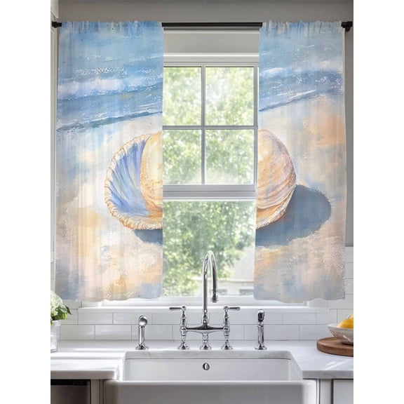 Sheer Curtains Ocean Shell 2 Panels Voile Window Drapes Coastal Beach Waves Light Filtering Window Treatments Semi Sheer Curtain Panels for Living Room Bedroom Bathroom 52x63 inches