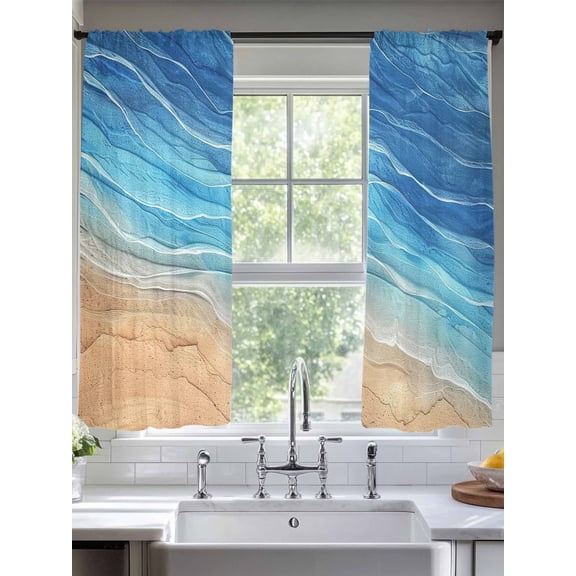 Sheer Curtains Ocean Wave 2 Panels Voile Window Drapes Ombre Blue Beach Light Filtering Window Treatments Semi Sheer Curtain Panels for Living Room Bedroom Bathroom 52x63 inches