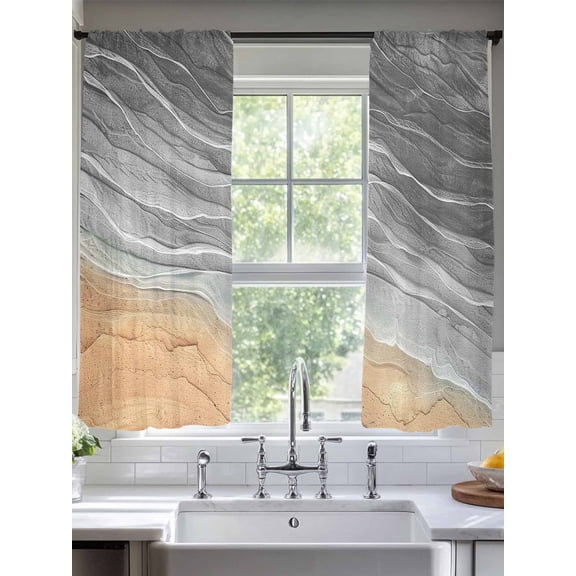 Sheer Curtains Ocean Wave 2 Panels Voile Window Drapes Ombre Grey Beach Light Filtering Window Treatments Semi Sheer Curtain Panels for Living Room Bedroom Bathroom 52x63 inches