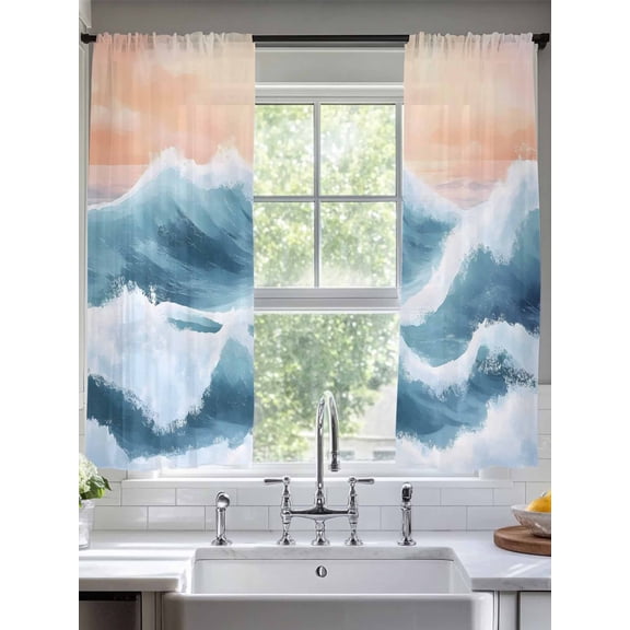 Sheer Curtains Ocean Waves 2 Panels Voile Window Drapes Abstract Ombre Light Filtering Window Treatments Semi Sheer Curtain Panels for Living Room Bedroom Bathroom 52x63 inches