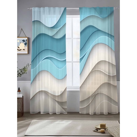 Sheer Curtains Ombre Beige Wave 2 Panels Voile Window Drapes Abstract Ocean Modern Art Light Filtering Window Treatments Semi Sheer Curtain Panels for Living Room Bedroom Bathroom 52x84 inches