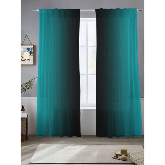 Sheer Curtains Ombre Black Teal 2 Panels Voile Window Drapes Gradient Color Turquoise Light Filtering Window Treatments Semi Sheer Curtain Panels for Living Room Bedroom Bathroom 52x84 inches