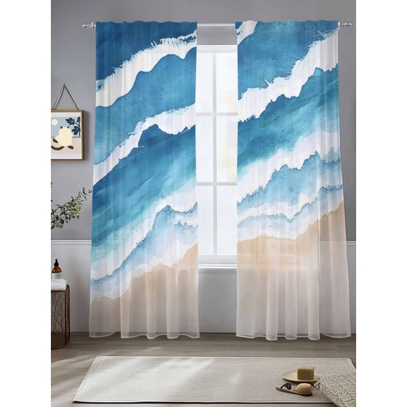 Sheer Curtains Ombre Blue White Wave Beach 2 Panels Voile Window Drapes Watercolor Ocean Light Filtering Window Treatments Semi Sheer Curtain Panels for Living Room Bedroom Bathroom 52x84 inches