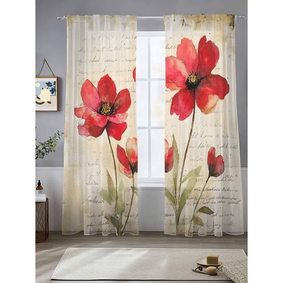 Sheer Curtains Red Flowers Leaf 2 Panels Voile Window Drapes Vintage Red Floral Plant Light Filtering Window Treatments Semi Sheer Curtain Panels for Living Room Bedroom Bathroom 52x84 inches
