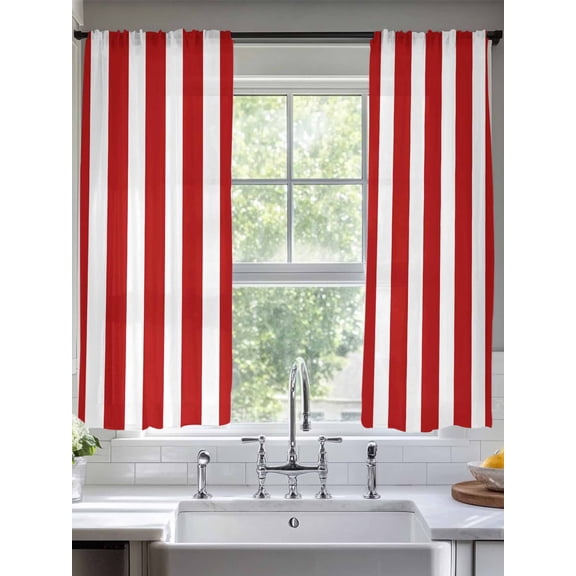 Sheer Curtains Red Stripes 2 Panels Voile Window Drapes Vertical Striped Light Filtering Window Treatments Semi Sheer Curtain Panels for Living Room Bedroom Bathroom 52x63 inches