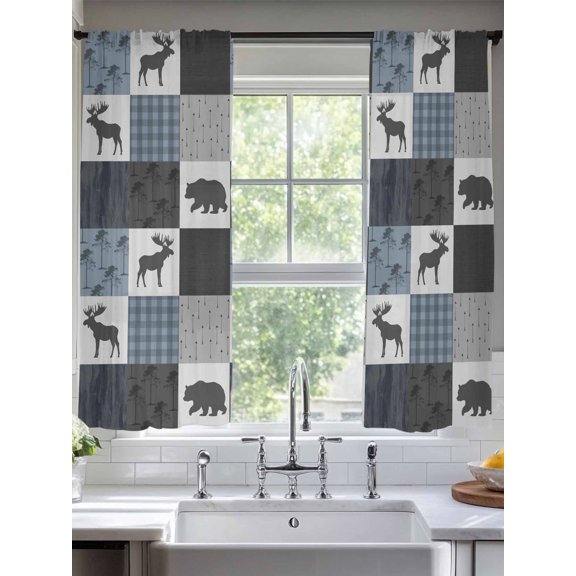 Sheer Curtains Retro Buffalo Check 2 Panels Voile Window Drapes Forest Bear Deer Light Filtering Window Treatments Semi Sheer Curtain Panels for Living Room Bedroom Bathroom 52x63 inches