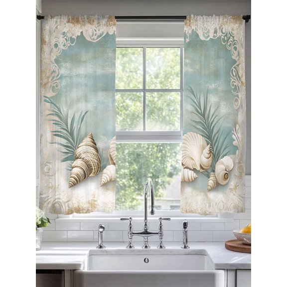 Sheer Curtains Shell 2 Panels Voile Window Drapes Vintage Ocean Coastal Light Filtering Window Treatments Semi Sheer Curtain Panels for Living Room Bedroom Bathroom 52x63 inches
