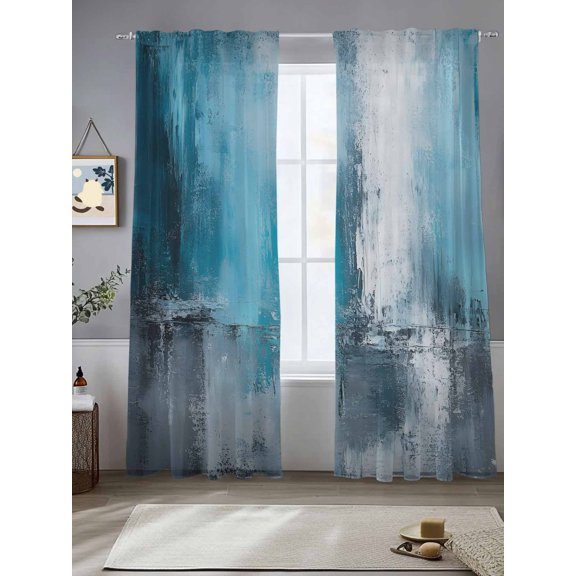 Sheer Curtains Teal Blue Black 2 Panels Voile Window Drapes Ombre Modern Abstract Light Filtering Window Treatments Semi Sheer Curtain Panels for Living Room Bedroom Bathroom 52x84 inches
