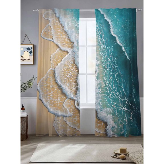 Sheer Curtains Teal Blue Ocean Waves 2 Panels Voile Window Drapes Beach Light Filtering Window Treatments Semi Sheer Curtain Panels for Living Room Bedroom Bathroom 52x84 inches