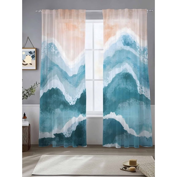Sheer Curtains Teal Blue Ocean Waves 2 Panels Voile Window Drapes Beach Ombre Light Filtering Window Treatments Semi Sheer Curtain Panels for Living Room Bedroom Bathroom 52x84 inches