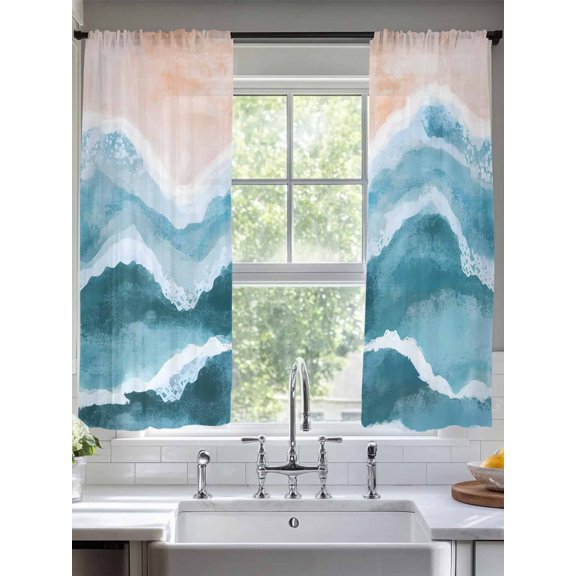 Sheer Curtains Teal Blue Ocean Waves 2 Panels Voile Window Drapes Beach Ombre Light Filtering Window Treatments Semi Sheer Curtain Panels for Living Room Bedroom Bathroom 52x63 inches