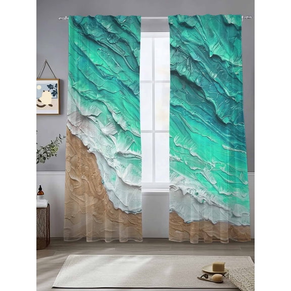 Sheer Curtains Teal Ocean Wave 2 Panels Voile Window Drapes Abstract Ombre Beach Light Filtering Window Treatments Semi Sheer Curtain Panels for Living Room Bedroom Bathroom 52x84 inches